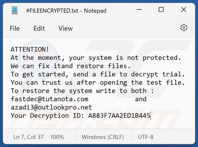 FAST ransomware nota de rescate (#FILEENCRYPTED.txt)