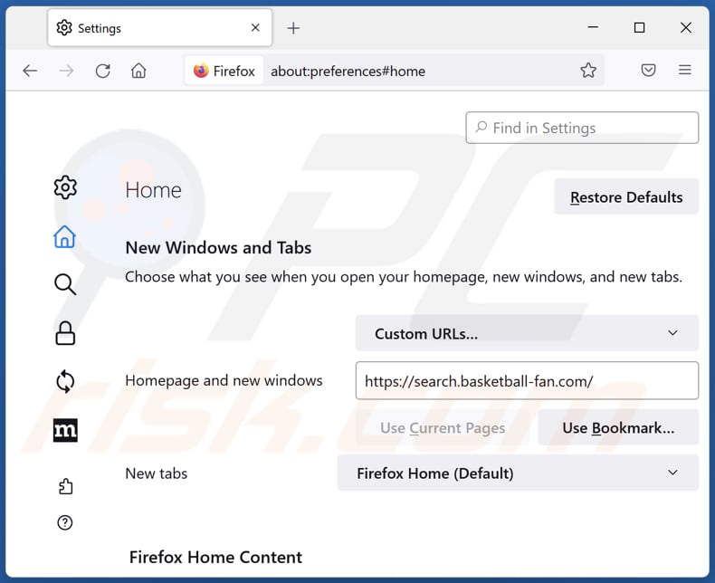 Eliminar search.basketball-fan.com de la página de inicio de Mozilla Firefox