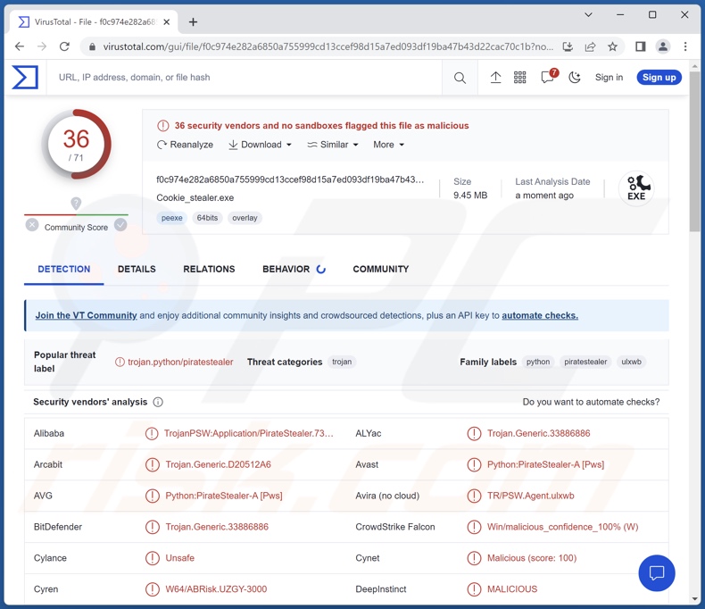 Detecciones del malware PirateStealer en VirusTotal