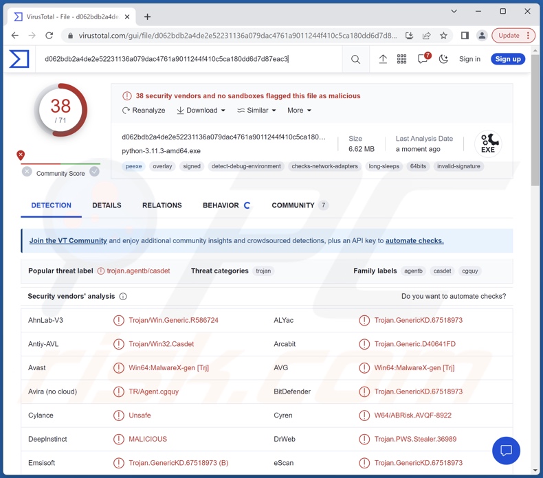 RustyStealer detecciones de malware en VirusTotal