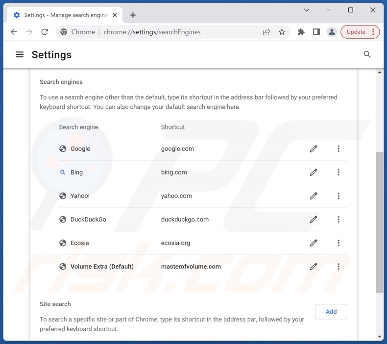 Eliminar masterofvolume.com del motor de búsqueda predeterminado de Google Chrome