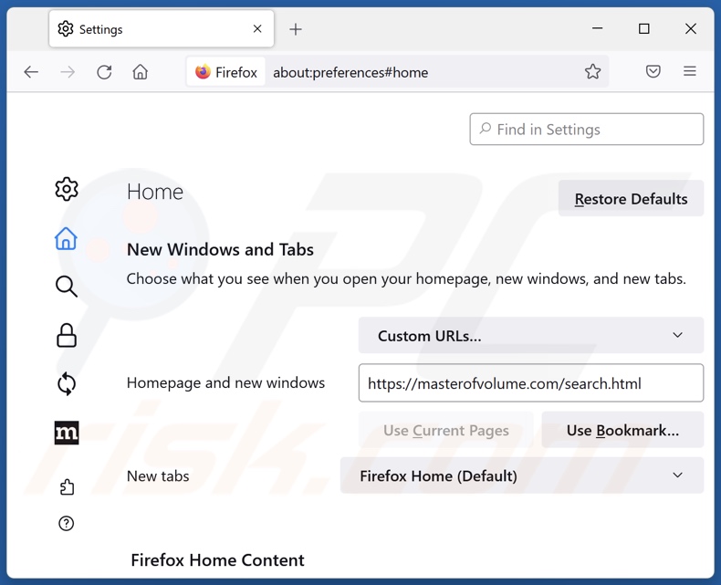 Eliminar masterofvolume.com de la página de inicio de Mozilla Firefox