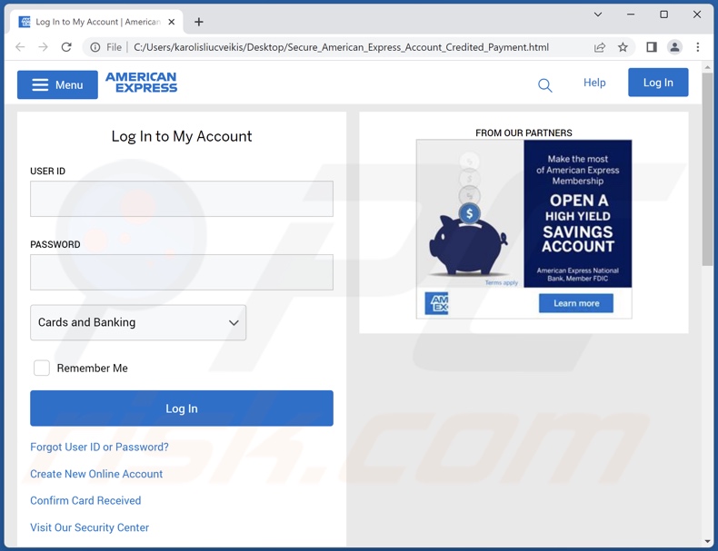 American Express Merchant Reward estafa de correo electrónico promovido archivo adjunto de phishing (Secure_American_Express_Account_Credited_Payment.html)