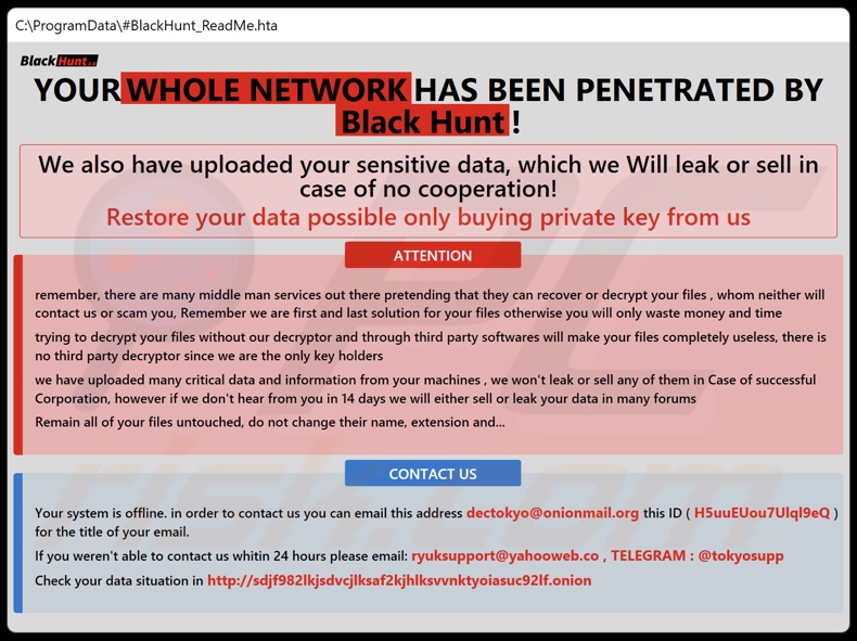 Nota de rescate del ransomware Black Hunt 2.0 (#BlackHunt_ReadMe.hta)