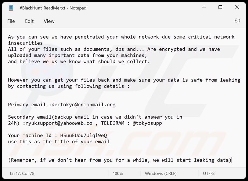Archivo de texto del ransomware Black Hunt 2.0 (#BlackHunt_ReadMe.txt)