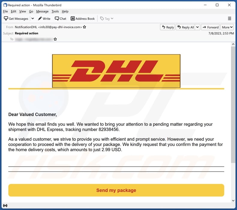 Estafa por correo electrónico DHL Delivery Payment - Pasos de ...