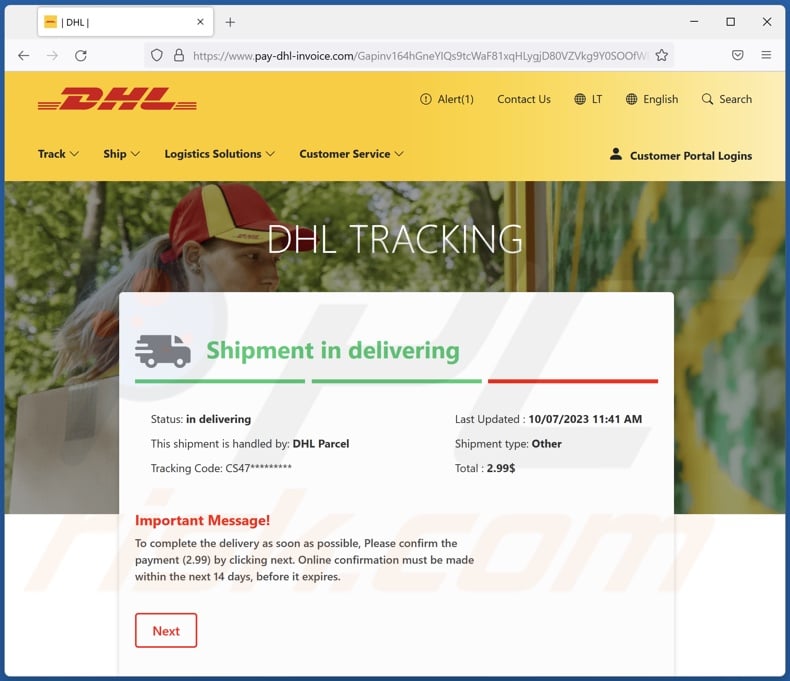 DHL Delivery Payment correo electrónico estafa promovido sitio falso DHL