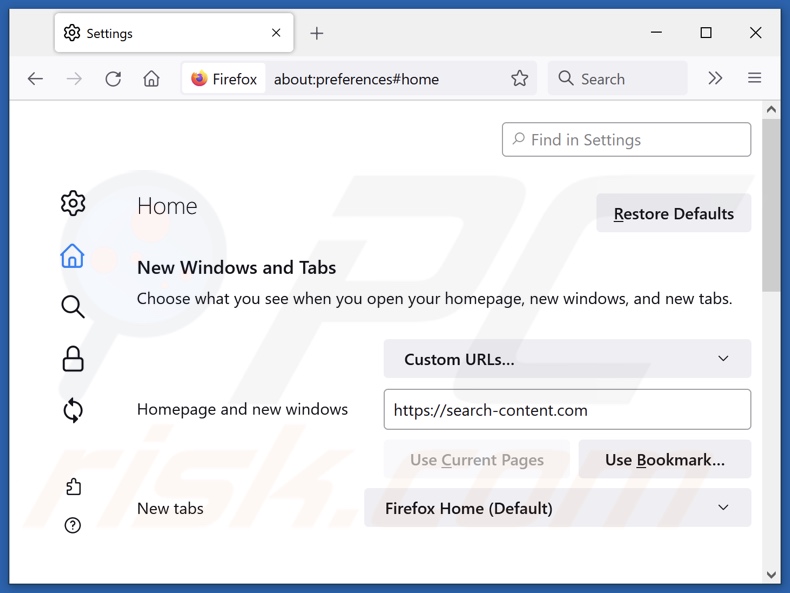 Eliminar search-content.com de la página de inicio de Mozilla Firefox