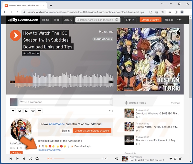 Ejemplo de cuenta comprometida con virus SoundCloud