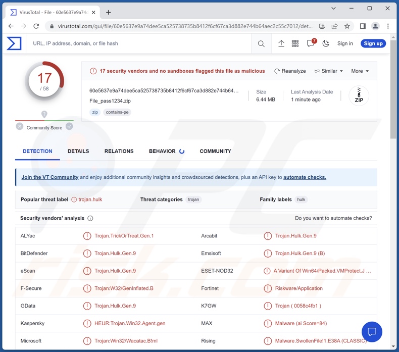 Detecciones del virus SoundCloud en VirusTotal