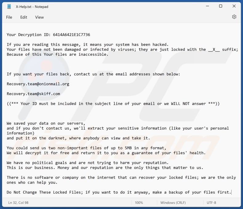 Archivo de texto del ransomware X (X-Help.txt)