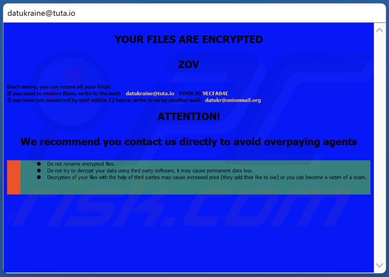 Ventana emergente del ransomware ZOV