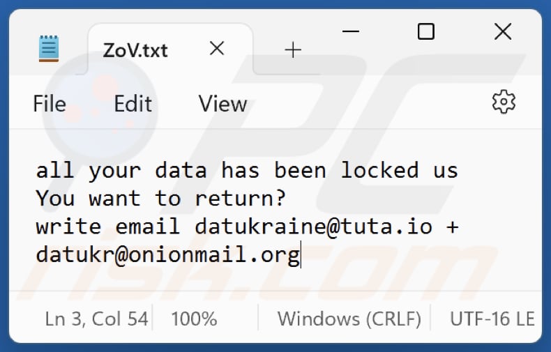 Archivo de texto del ransomware ZOV (ZoV.txt)