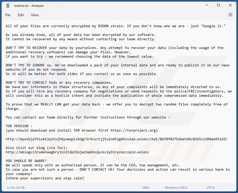 Nota de rescate del ransomware BIDON (readme.txt)