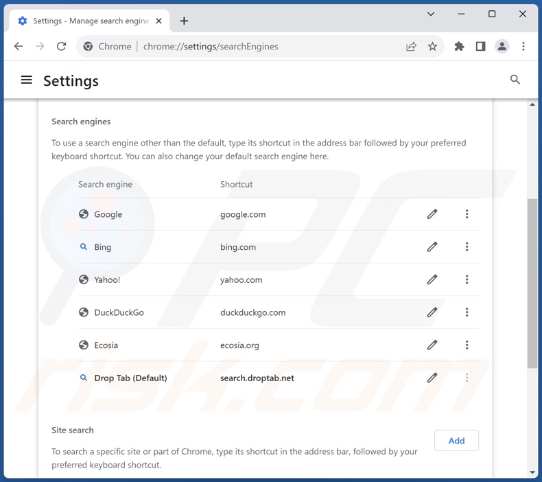 Eliminación de search.droptab.net del motor de búsqueda predeterminado de Google Chrome