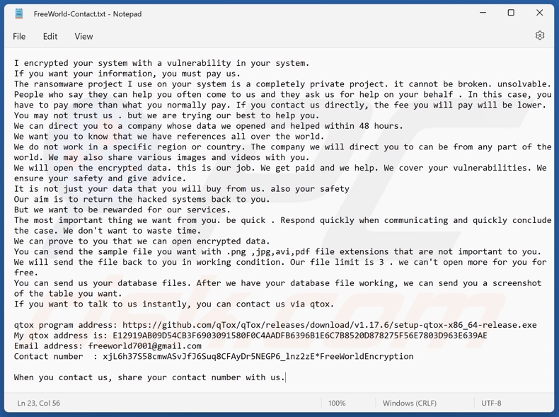 Nota de rescate del ransomware FreeWorld (FreeWorld-Contact.txt)