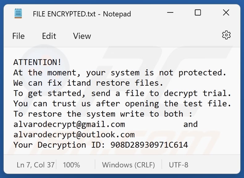 Nota de rescate del ransomware Harward (FILE ENCRYPTED.txt)