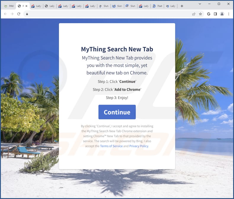 Sitio web utilizado para promocionar el secuestrador del navegador MyThing Search New Tab