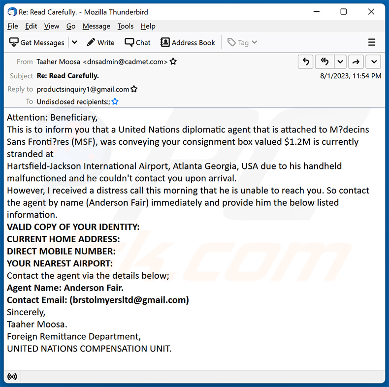 United Nations - Abandoned Shipment estafa por correo electrónico (2023-08-11)