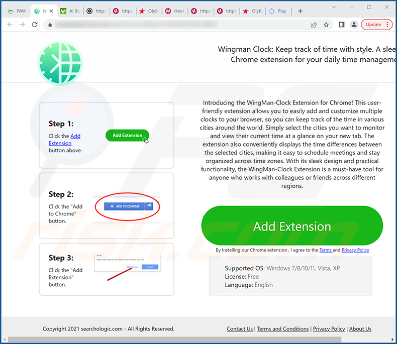 Sitio web utilizado para promocionar el secuestrador de navegadores Wingman Clock (muestra 2)