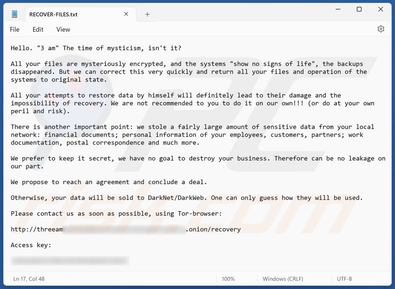 Archivo de texto del ransomware 3AM (RECOVER-FILES.txt)