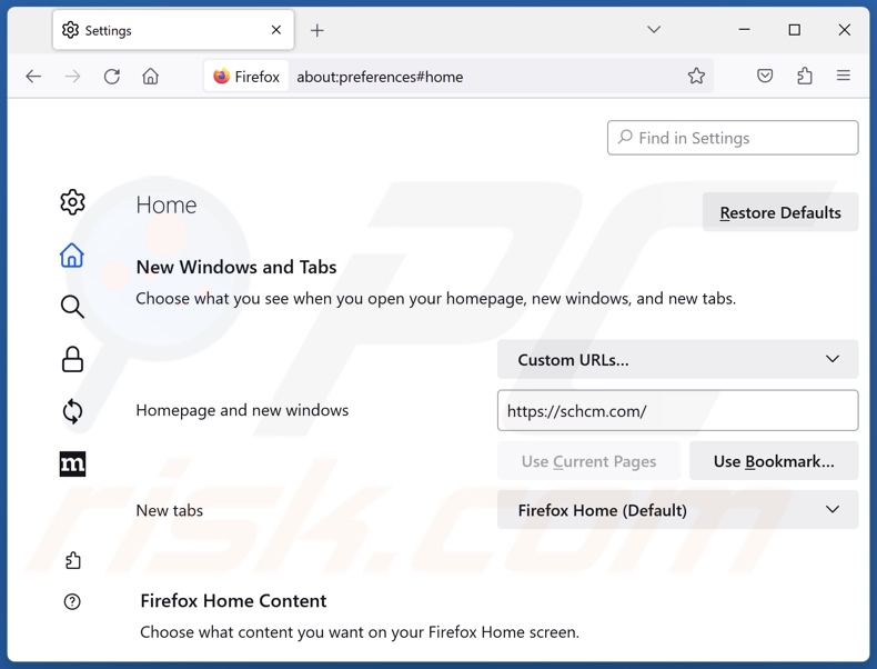 Eliminar schcm.com de la página de inicio de Mozilla Firefox