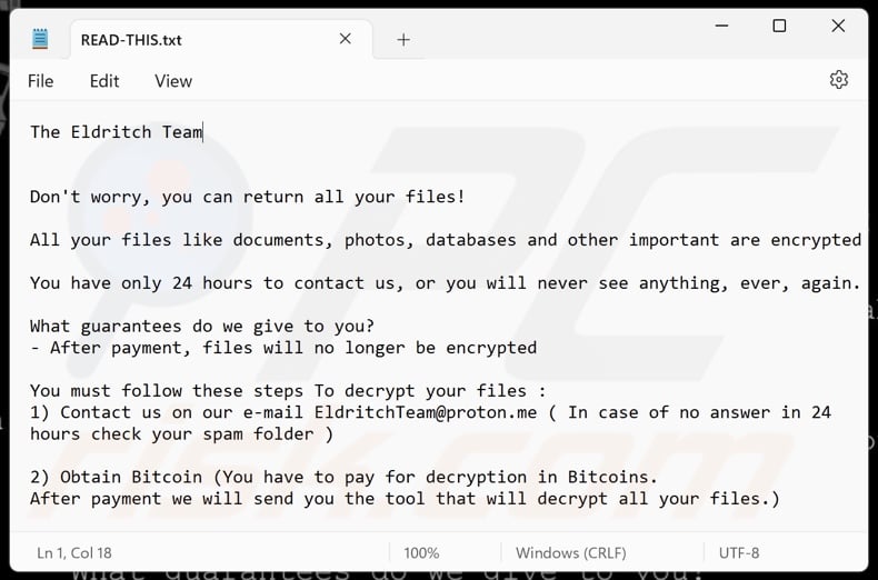 Nota de rescate del ransomware Eldritch (READ-THIS.txt)