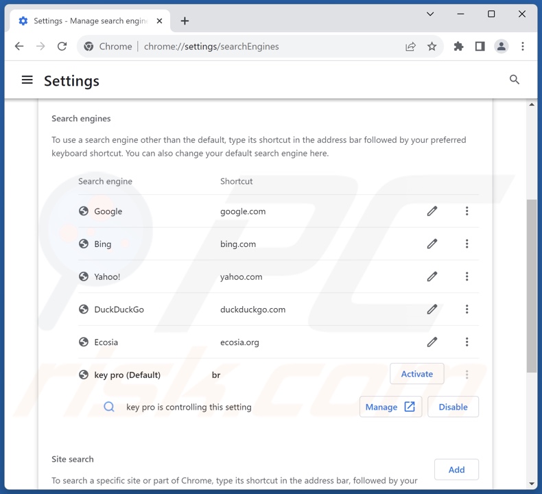 Eliminar keysearchs.com del motor de búsqueda predeterminado de Google Chrome