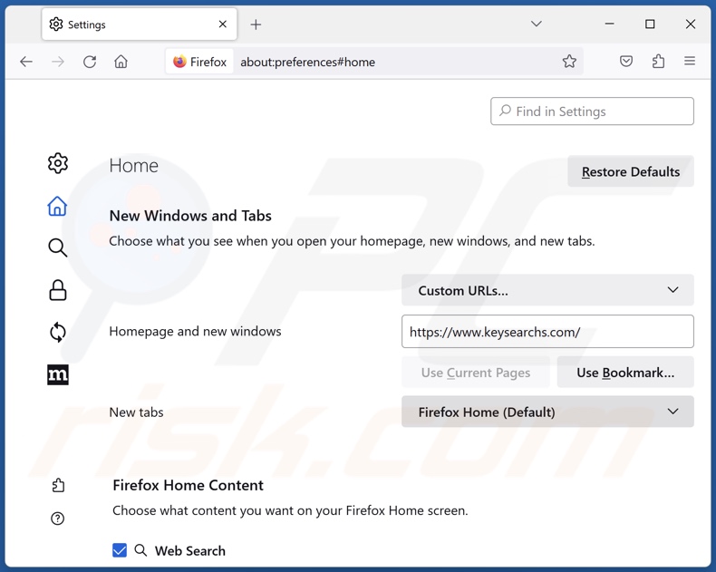 Eliminar keysearchs.com de la página de inicio de Mozilla Firefox