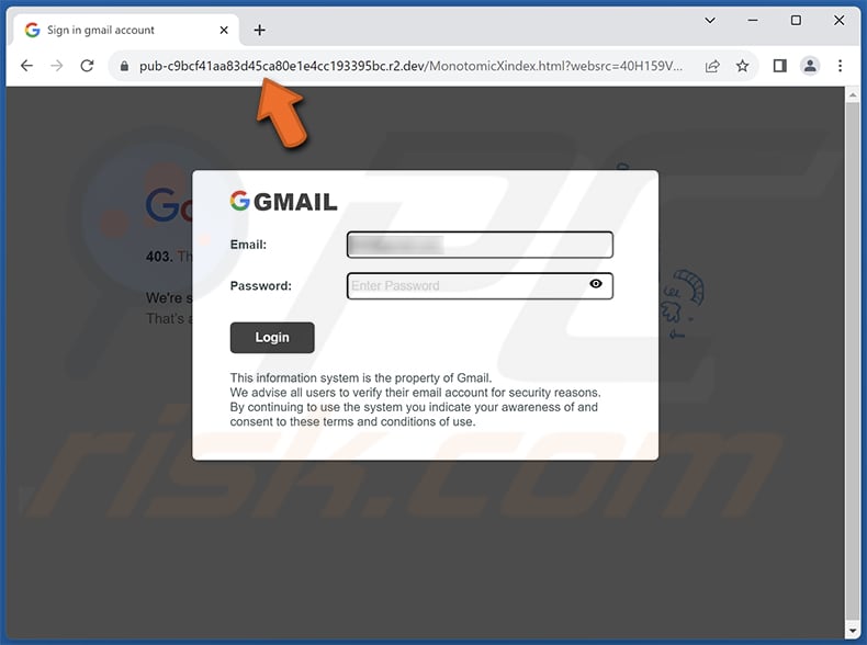 Sitio web de phishing que se hace pasar por la página de inicio de sesión de Gmail.