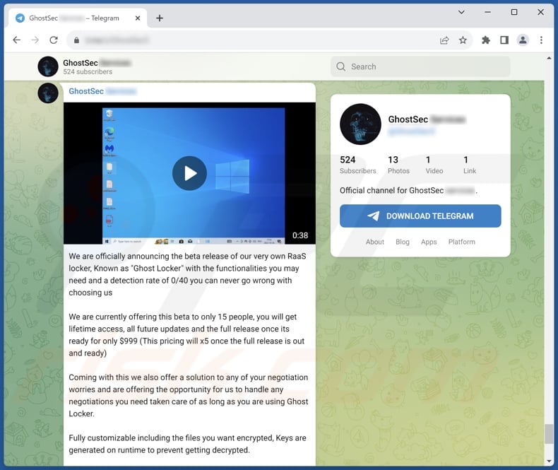 Promoción del ransomware GhostLocker en Telegram