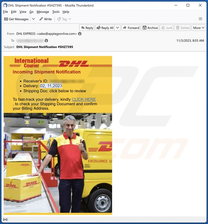 DHL - Incoming Shipment Notification campaña de spam por correo electrónico