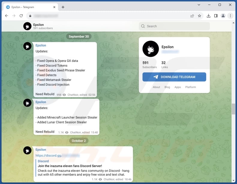 Malware Epsilon promocionado en Telegram
