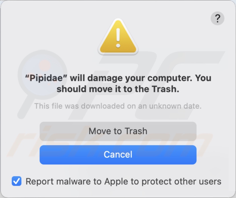 Ventana emergente alertando de la presencia del adware Pipidae en el sistema