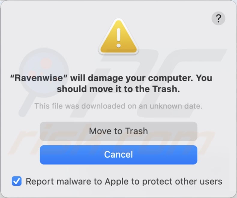 Ventana emergente mostrada cuando el adware Ravenwise es detectado en el sistema