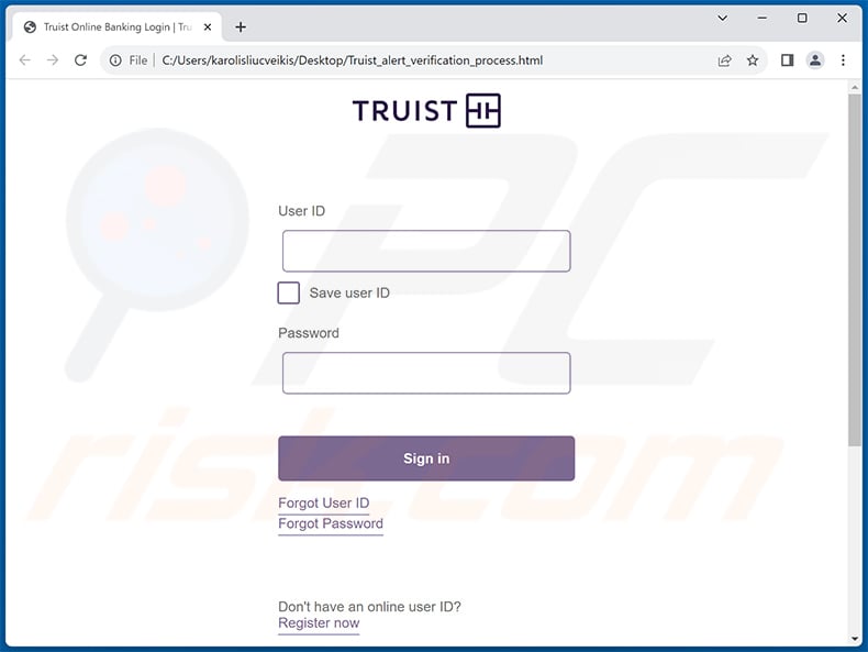 Documento HTML de phishing distribuido utilizando el perfil Truist Online Banking (muestra 2)