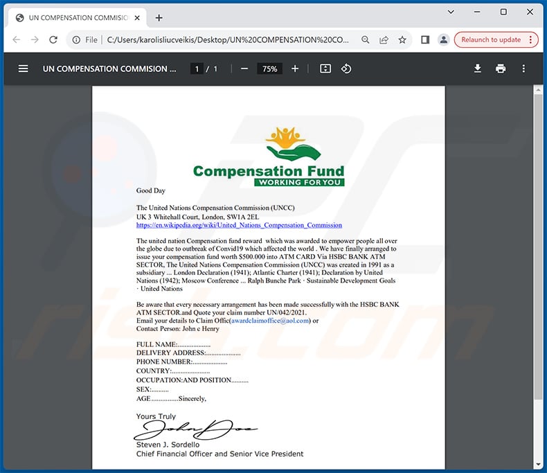 UNITED NATIONS COMPENSATION (COVID19 ASSISTED PROGRAM) Estafa por correo electrónico (2023-11-08)