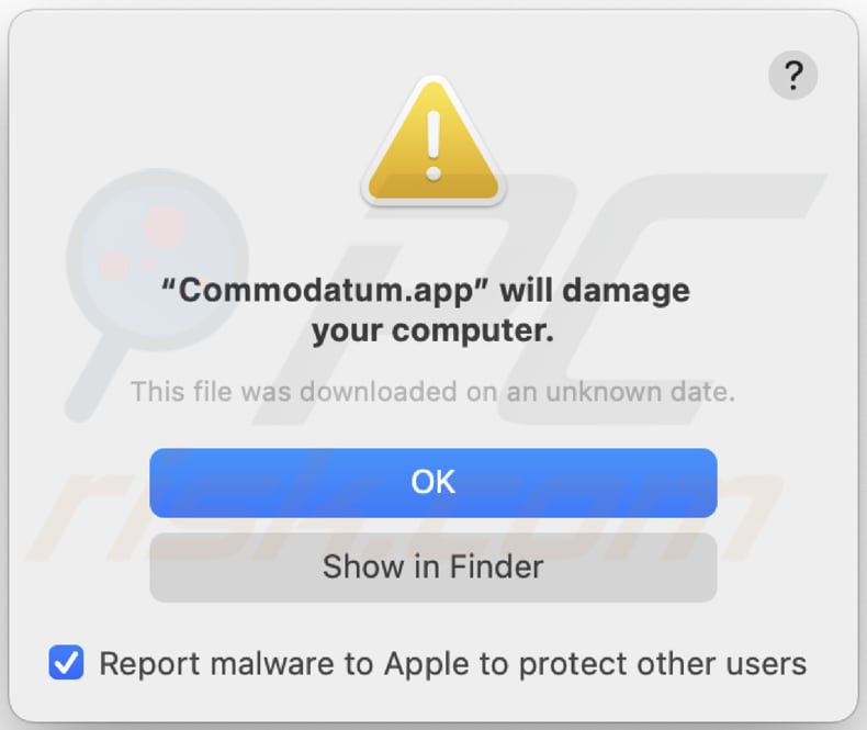 Aviso emergente de adware de Commodatum.app