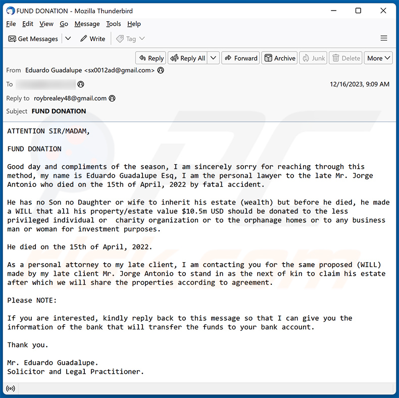 Fund Donation estafa por correo electrónico (2023-12-19)