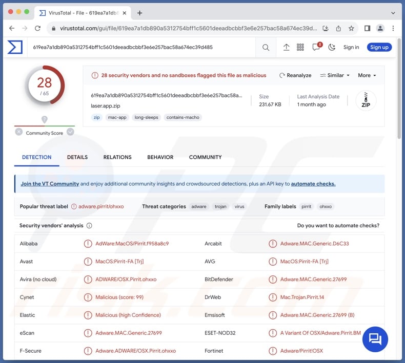 Detecciones del adware Laser.app en VirusTotal