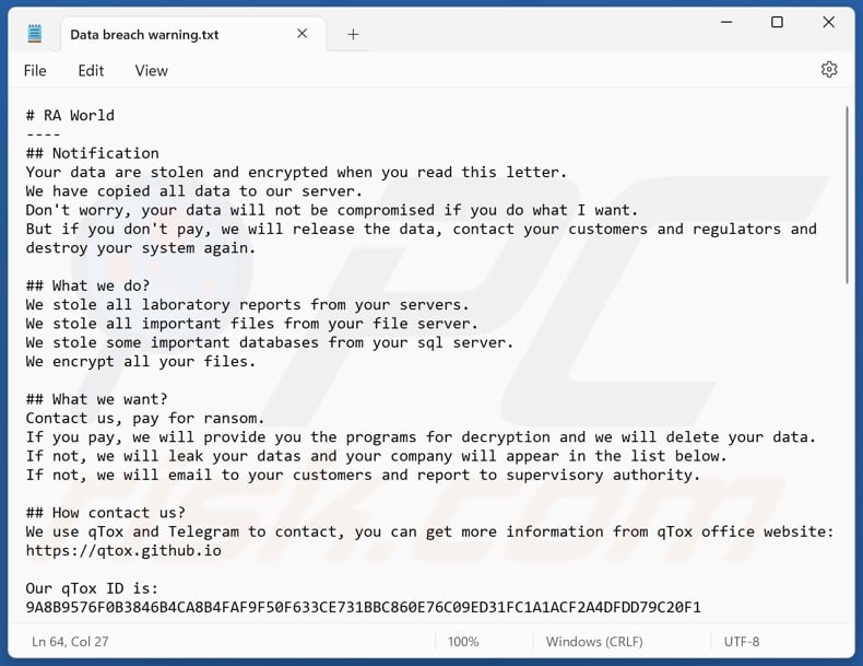 Nota de rescate del ransomware RA World (Data breach warning.txt)