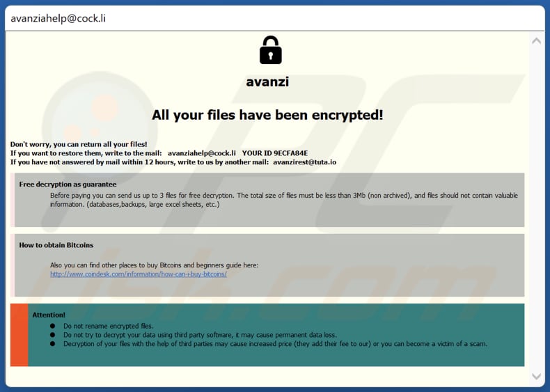 Nota de rescate del ransomware Avanzi (ventana emergente)