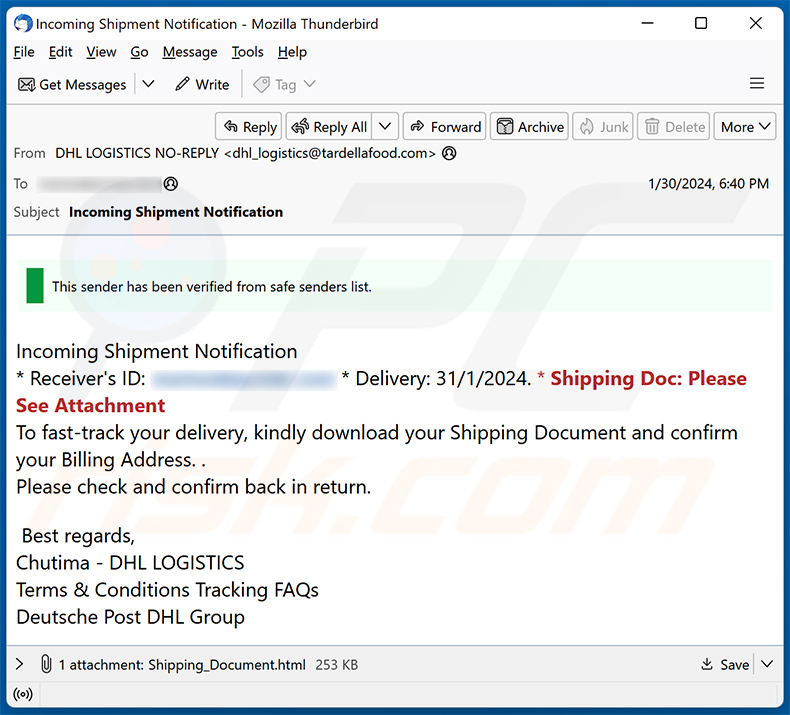 DHL - Incoming Shipment Notification email estafa (2024-02-01)