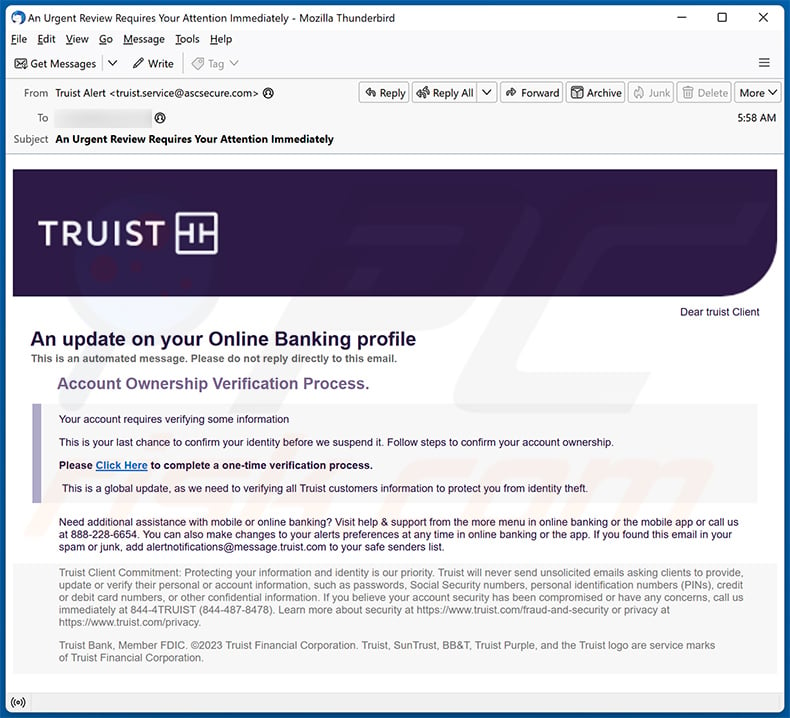 Truist Online Banking Profile estafa por correo electrónico (2024-01-11)