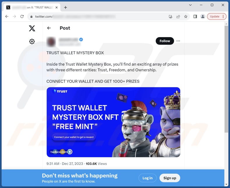 Trust Wallet Mystery Box estafa Twitter (X) post promoviendo esta estafa