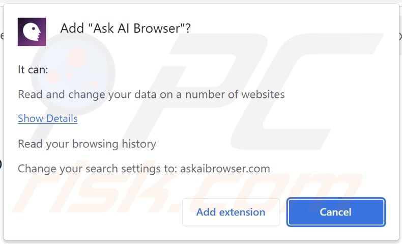 Ask AI Browser secuestrador del navegador pidiendo permisos
