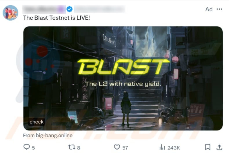 Blast Airdrop estafa promocionando X (Twitter) post