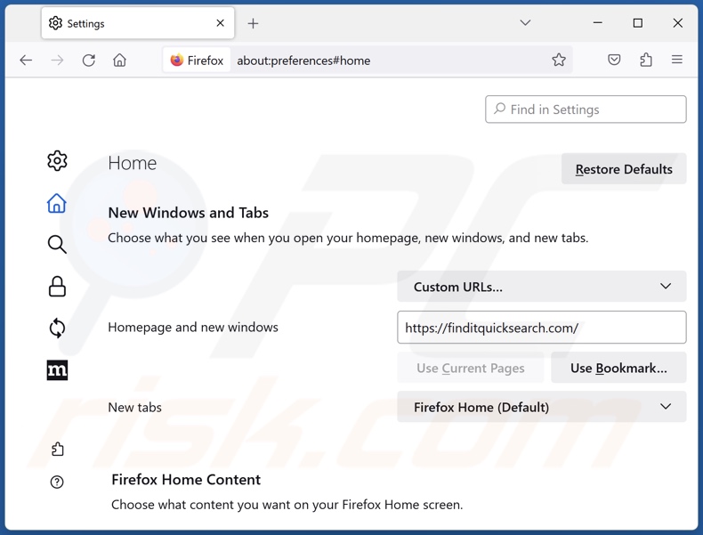 Eliminar finditquicksearch.com de la página de inicio de Mozilla Firefox