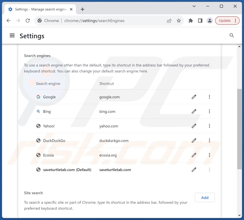 Eliminación de saveturtletab.com del motor de búsqueda predeterminado de Google Chrome