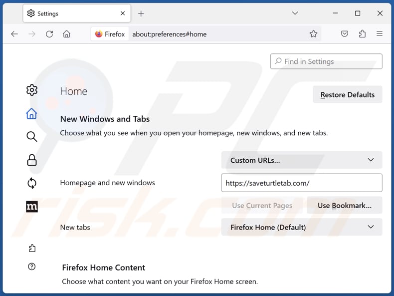 Eliminar saveturtletab.com de la página de inicio de Mozilla Firefox